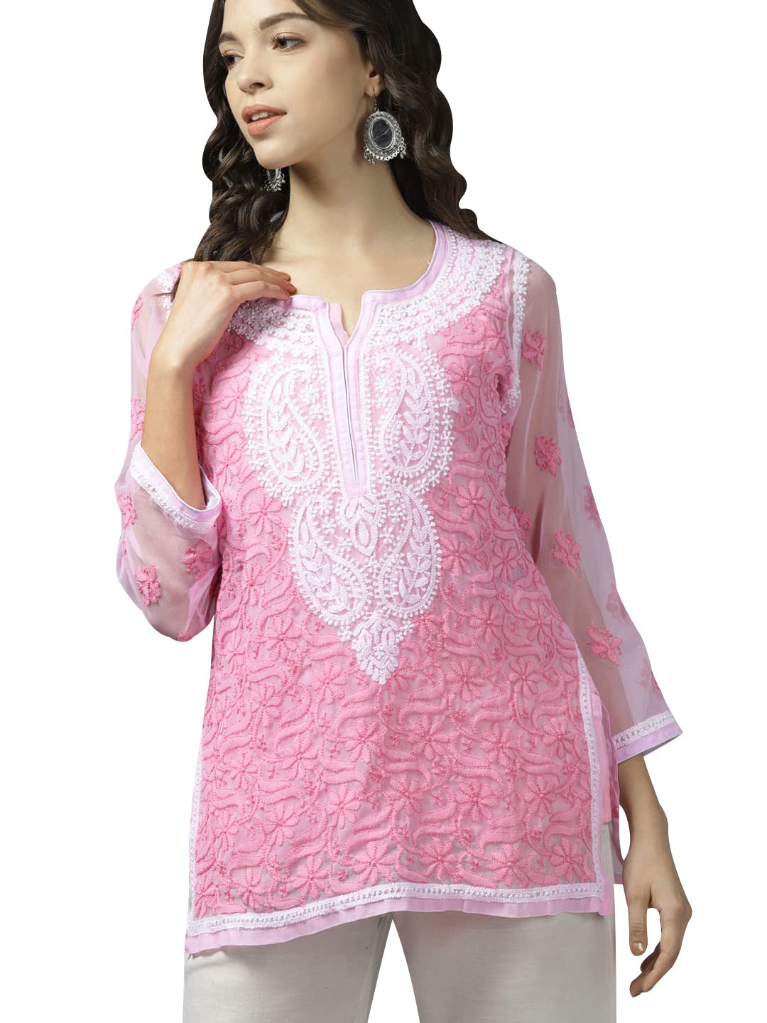 Ada Women's  Hand Embroidered Lucknowi Chikankari Georgette Short Top Kurti with Slip
