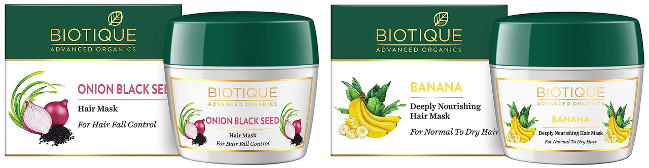 Biotique Banana Deeply Nourishing Hair Mask For Normal To Dry Hair, 175G & Onion Black Seed Hair Mask, Ideal For Hair Fall Control, 175G | Hair Nourishment, Hairfall Control, 350 Gram