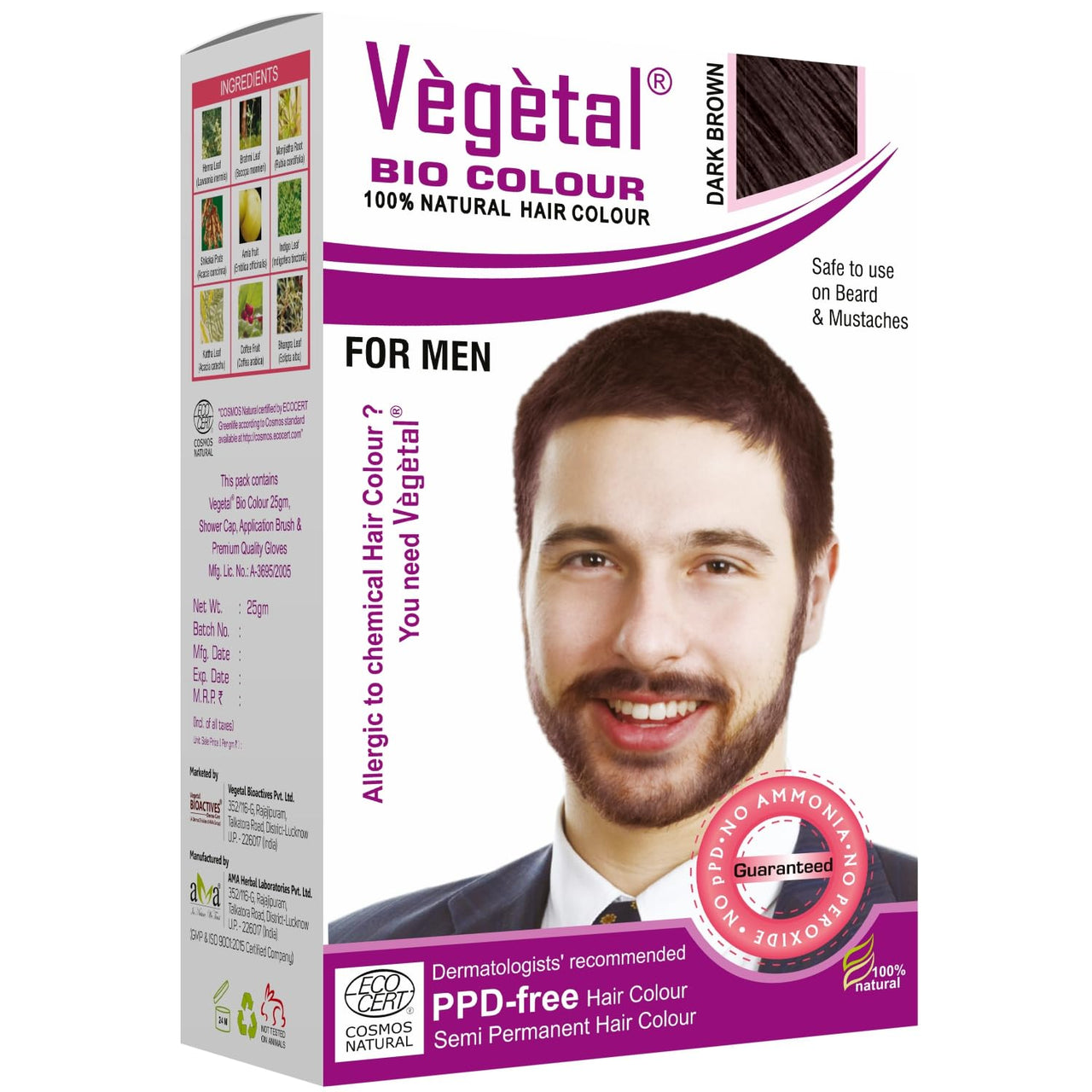 Vegetal Bio Colour - Experience Natural Dark Brown Beard Hair Color for Men | Ammonia-Free, PPD-Free, 100% Organic, and Herbal | Safe and Effective Beard Dye| Complete Kit Included |25g Each