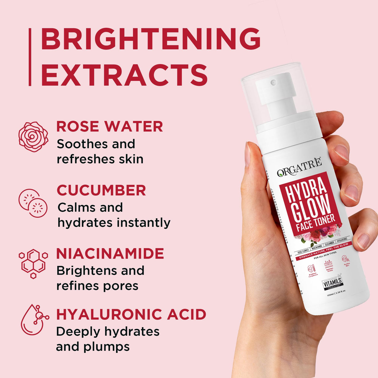 Orgatre Hydra Glow Face Toner for Women | Rose Water Spray with Niacinamide, Cucumber & Hyaluronic Acid | Face Toner for Pores Tightening, Acne-Prone Skin & Glowing Complexion | 100ml