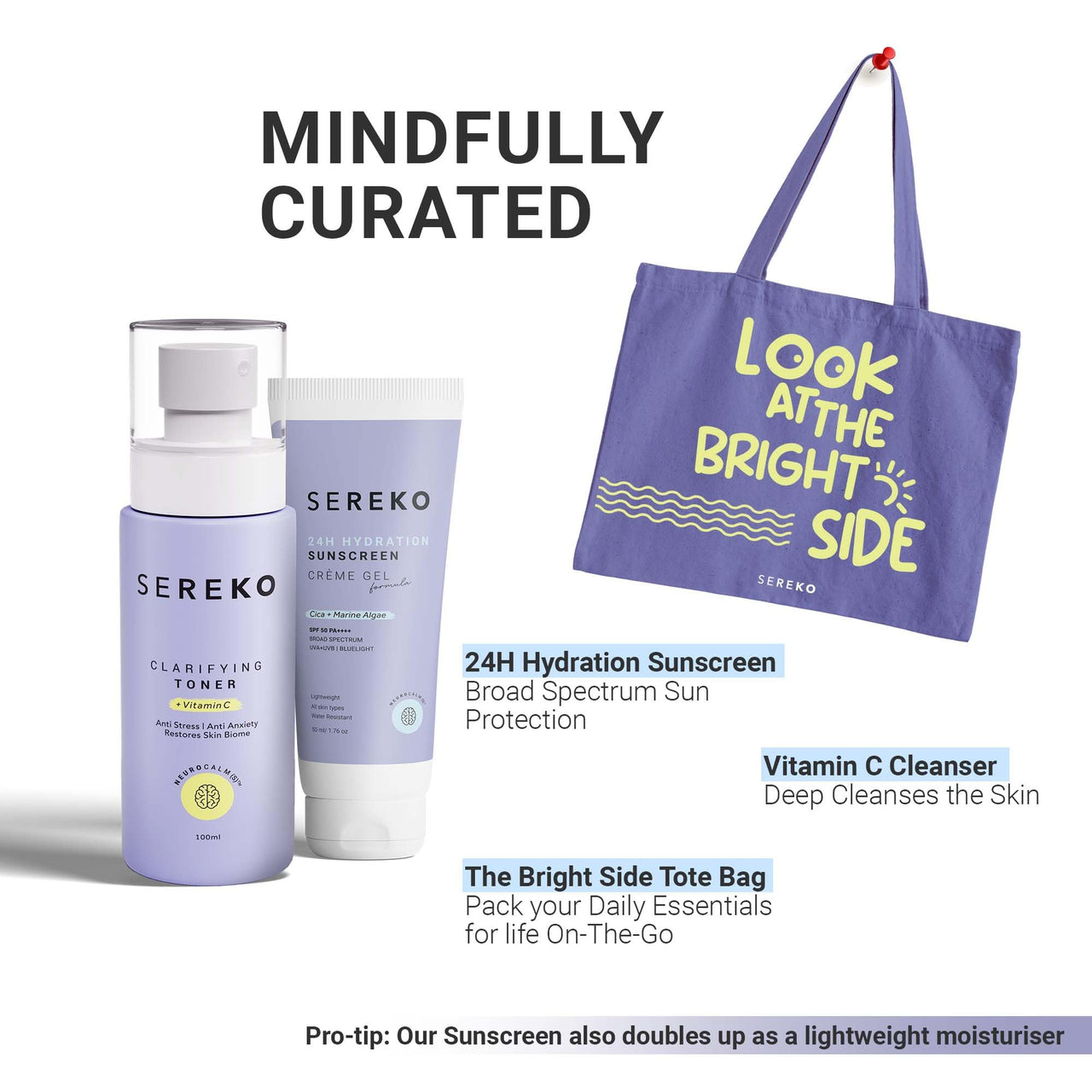 Sereko Skincare Gift Set for Women & Men | Brightening Vitamin C Face Cleanser and Sunscreen SPF 50++++ for Women & Men with Bright Side Tote Bag (Glow On-The-Go Gift Set)