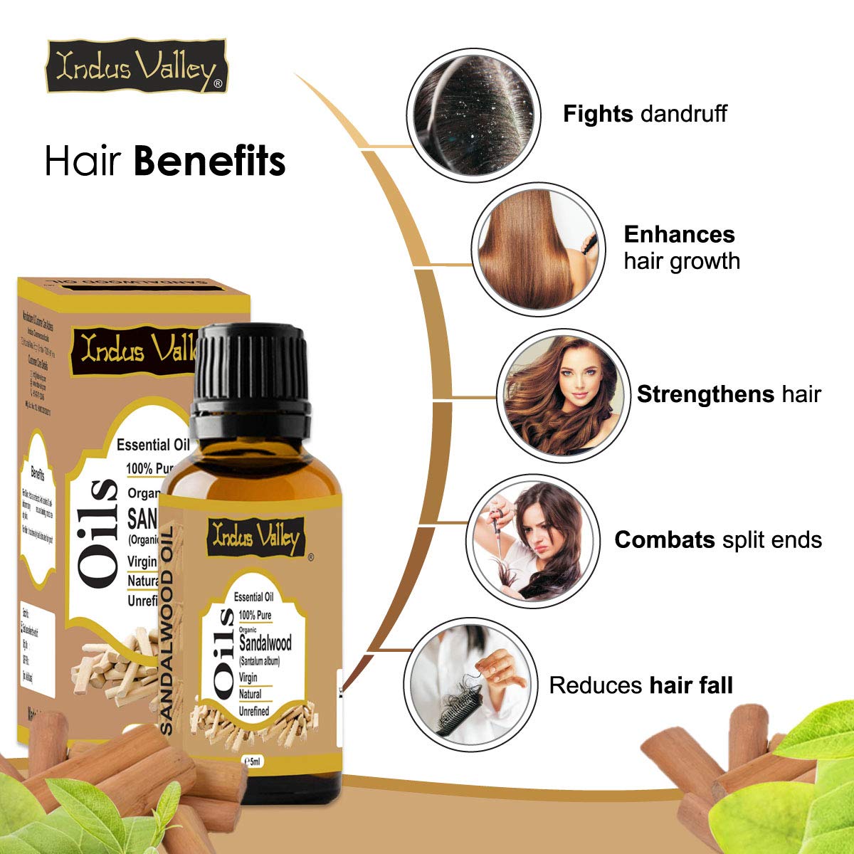 Indus Valley 100% Pure Natural & Organic, Undiluted Sandalwood (Chandan) Essential Oil for Skin, Hair Care - 5 ml