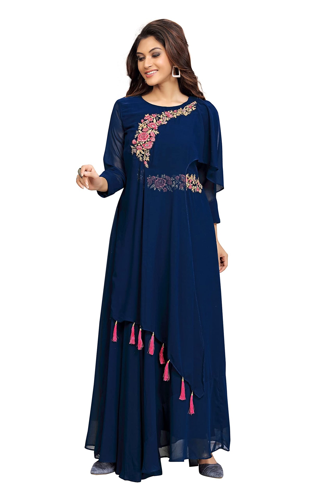 TRENDMALLS Women's  Fox Georgette Blooming Flared Long Stitched Embroidery Butta Work Anarkali Kurti Gown