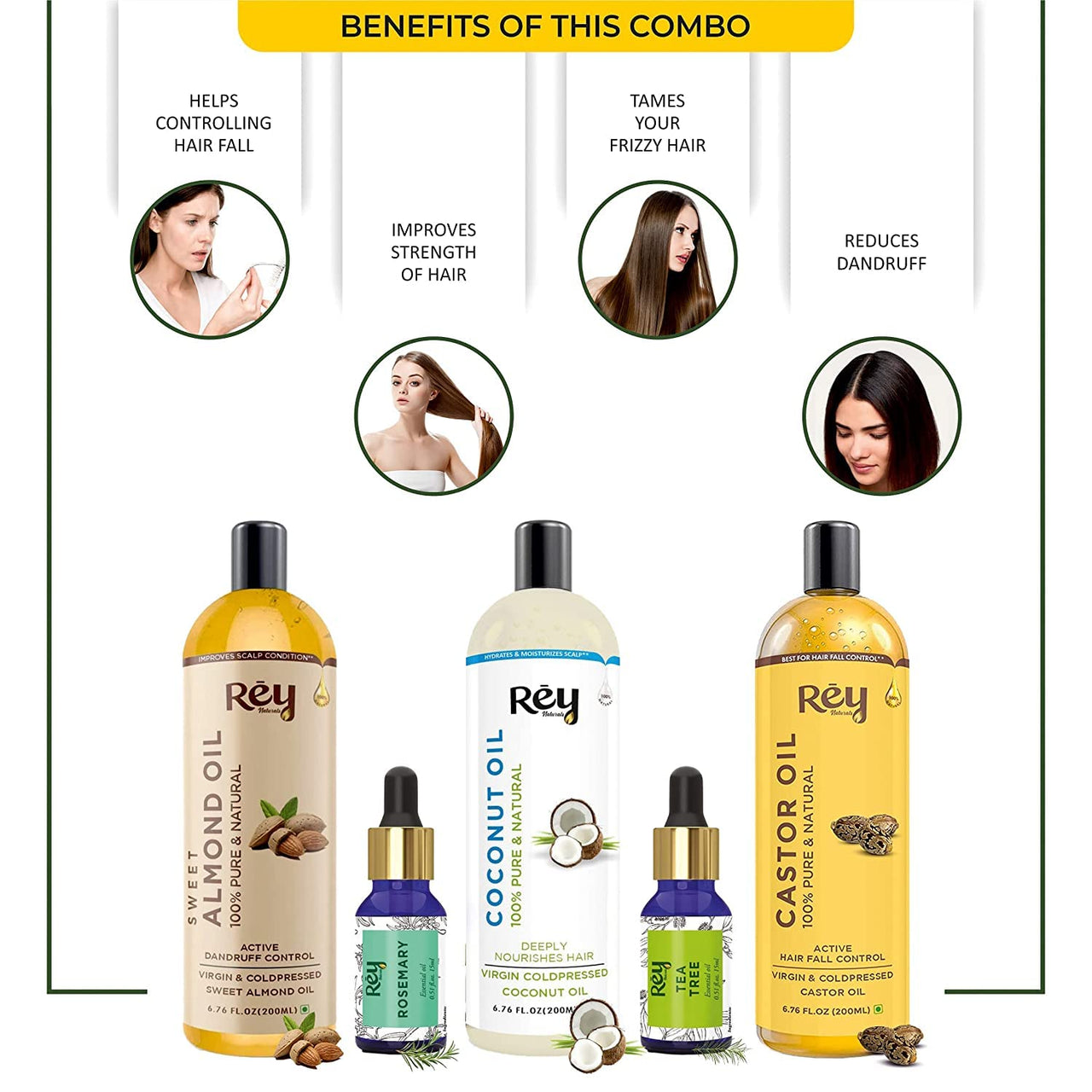 Rey Naturals Complete Hair Care Kit- Castor Oil+Coconut Oil+Almond Oil+Rosemary Oil+Teatree Oil