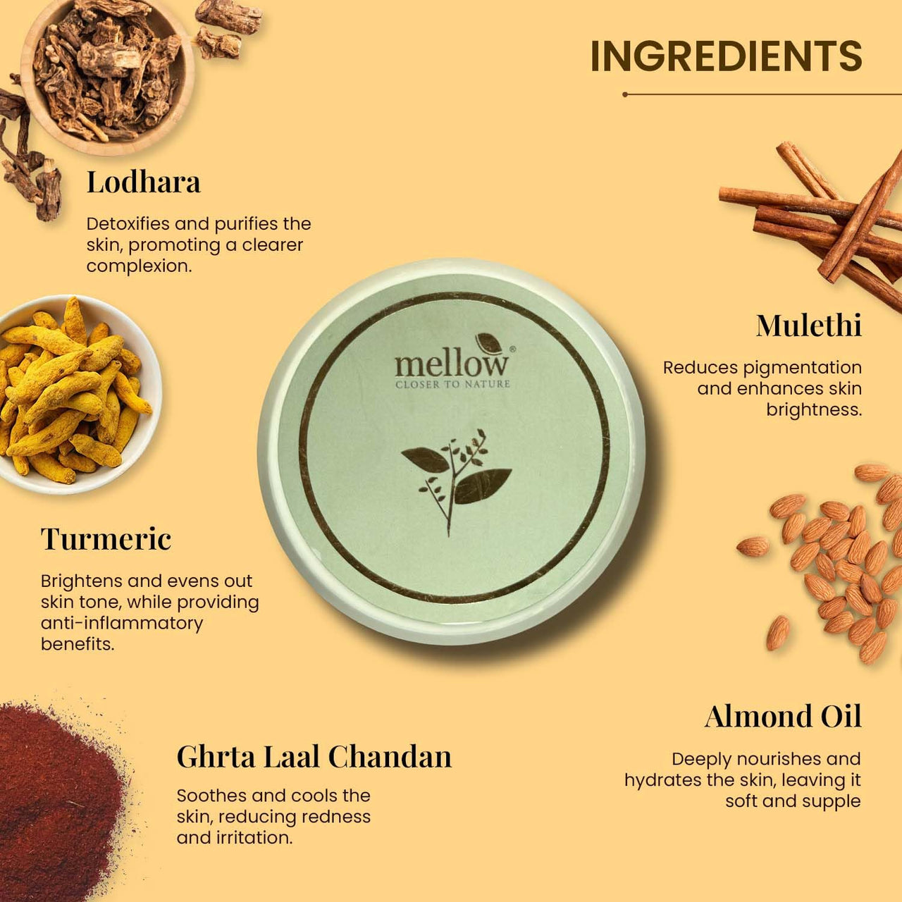 Mellow Herbals Nav-Abha Detan Face pack (50gm) with Almond Oil, Mulethi, Lodhara, Turmeric & Ghrta Laal Chandan | For Radiant, Even & Natural Looking Skin | Helps To Remove Sun Tan & Dark Spots | Ayush Certified | GMO, Paraben and Silicone Free