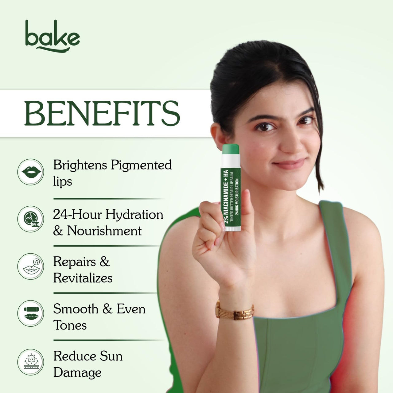 BAKE 2% Niacinamide + Hyaluronc Acid Tinted Butter Brightening Lip Balm 24 Hour Moisturization | For Dark, Pigmented, Dry, Flaky Lips | De-Tan Lip Balm - 5g