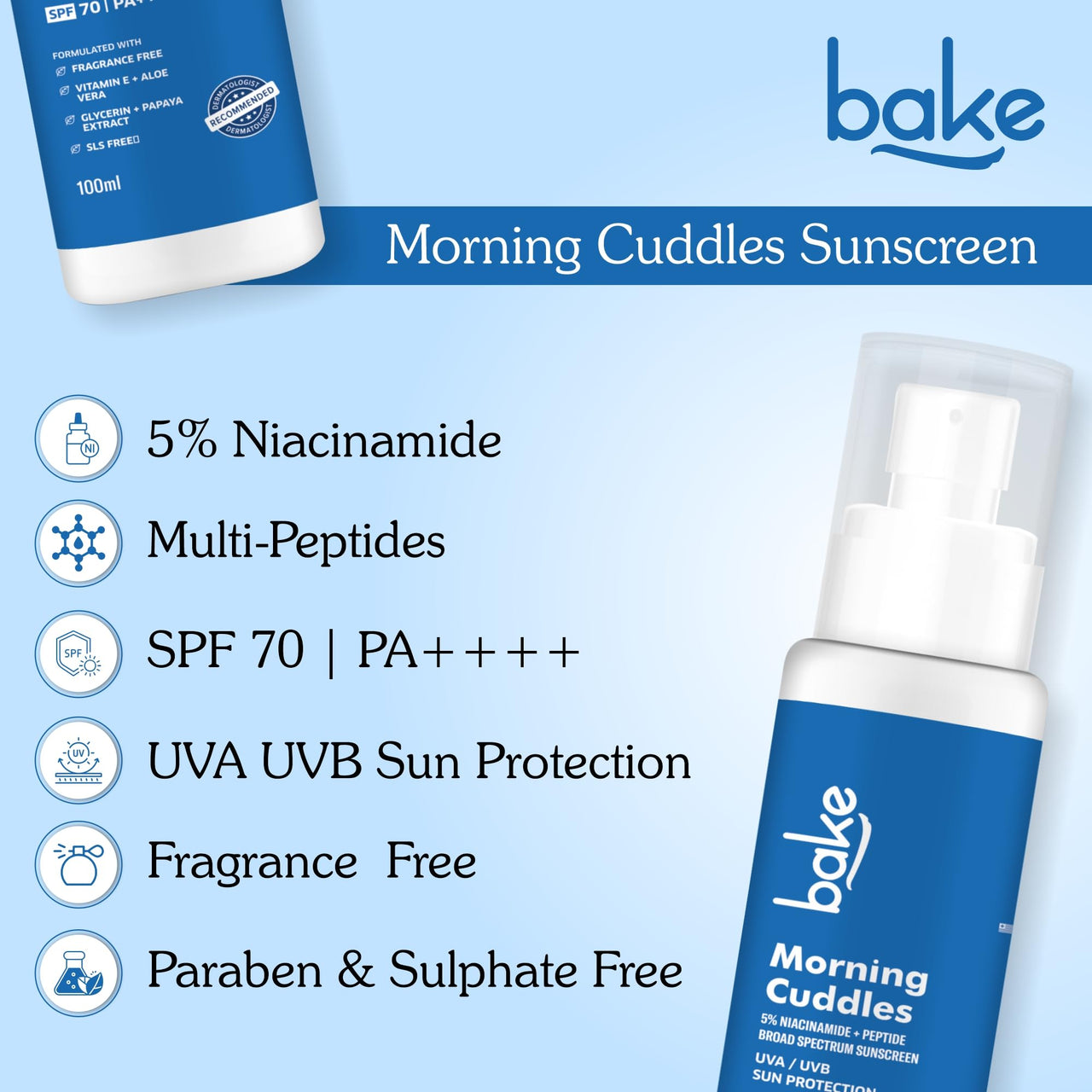 BAKE 100% Mineral Water Resistant Sunscreen SPF 70 PA+++ with 5% Niacinamide, Peptide | Sweat & Water Resistant, UV/A & B, Blue Light Protection | For Oily Acne Prone Skin | For Acne Scars & Dark Spots | Broad Spectrum Sunscreen | No White Cast | 100g