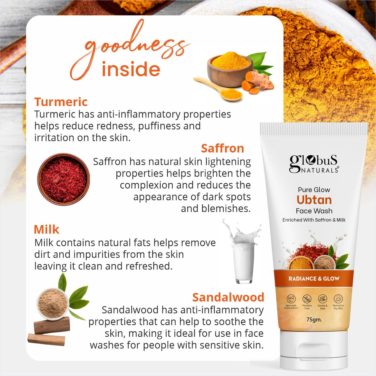 Globus Naturals Pure Glow Ubtan Face Wash, Enriched With Saffron & Milk, For Radiance & GLow, Natural, Gentle & Mild, Suitable For All Skin Types, 75 gm