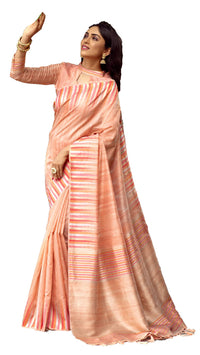 NK Textiles Women's  Ikat Woven Tussar Silk Saree with Tassels