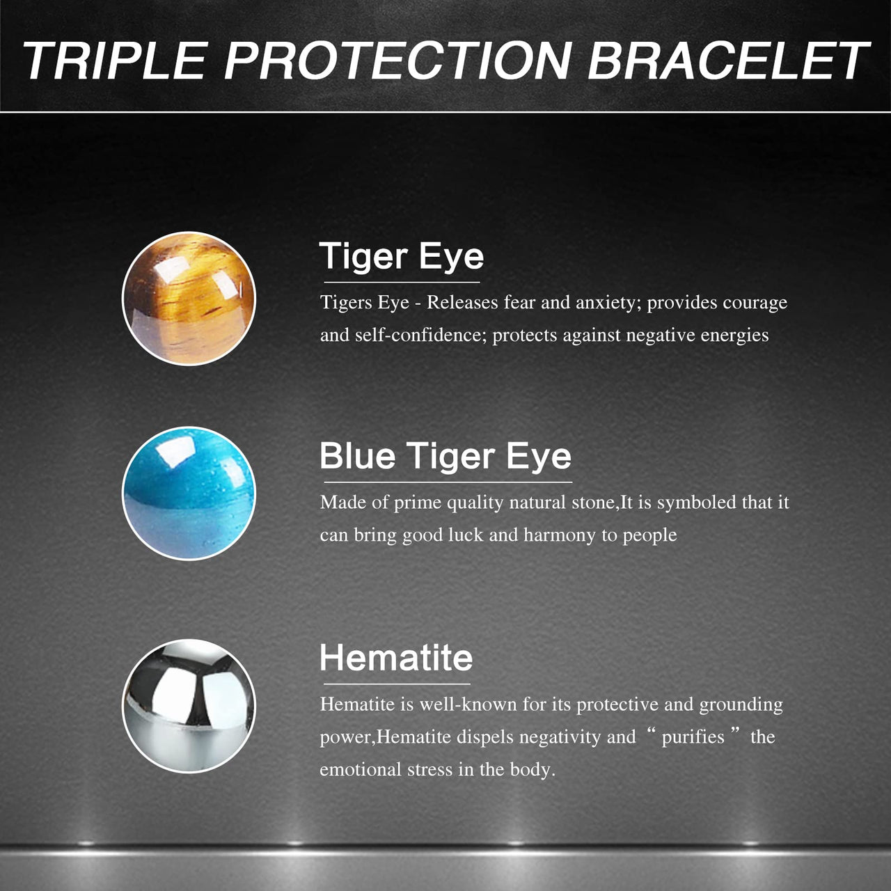 DHQH Triple Protection Bracelet 8/10MM Hematite Black Agate Tigers Eye Stone Bracelet Crystal Jewelry Healing Bead Bracelets for Men Bring Luck, Prosperity and Happiness F-8MM Triple Beads Double