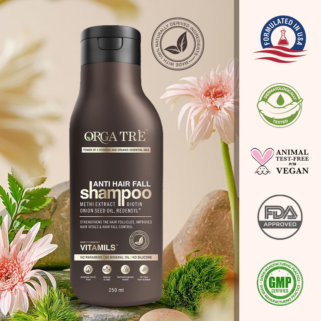 Orgatre Anti Hair Fall Shampoo For Men & Women For Hair Fall Dry & Frizzy Hairs| Sulphate Free Paraben Free Chemical Free Powered With Redensyl - 250 Ml