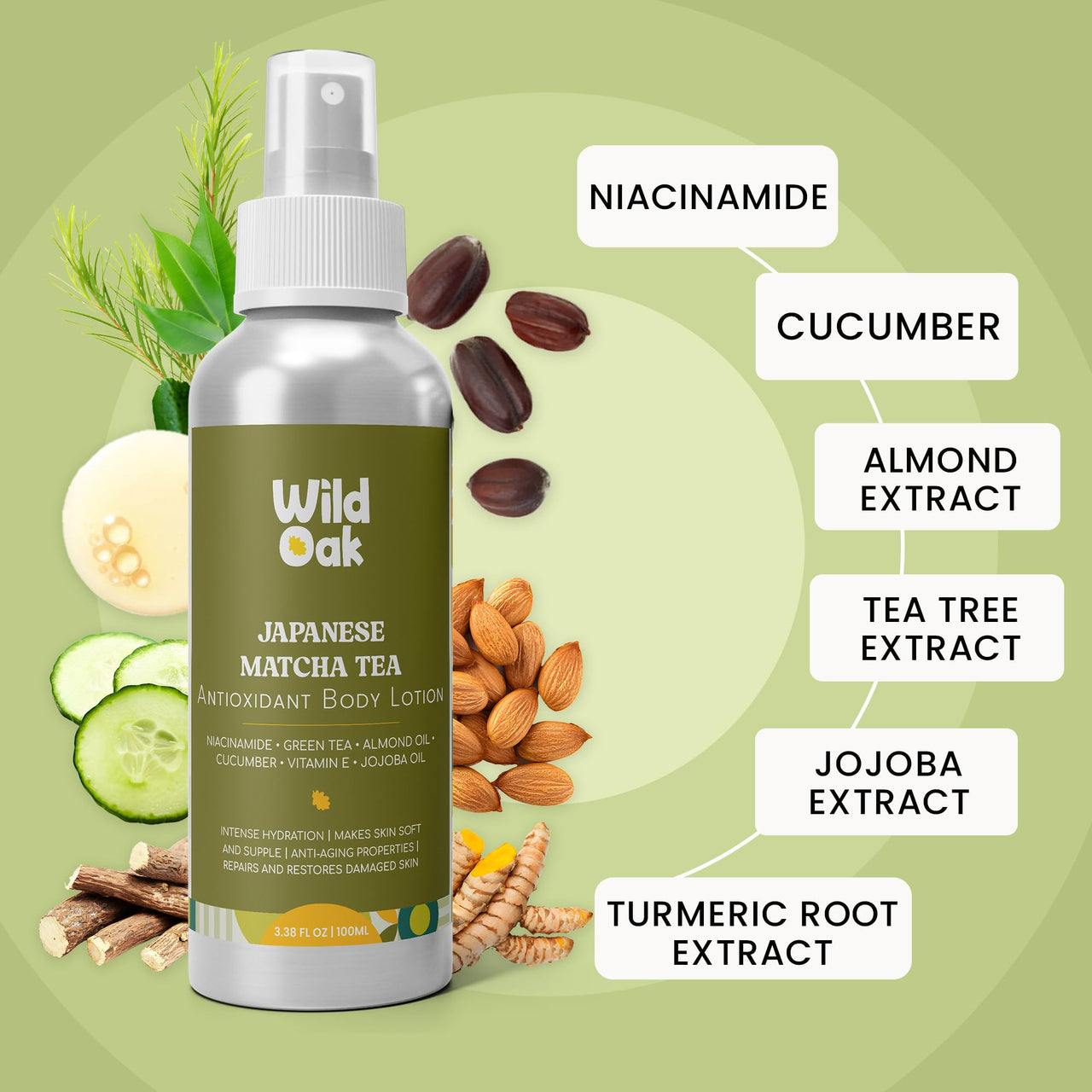 WildOak Super Moisturizing Body Lotion | 5X Vitamin E, Niacinamide, Matcha, Jojoba & Almond Oil | Intense Hydration & Skin Repair | Softens, Nourishes & Locks in Moisture | Non-Greasy | 100ml