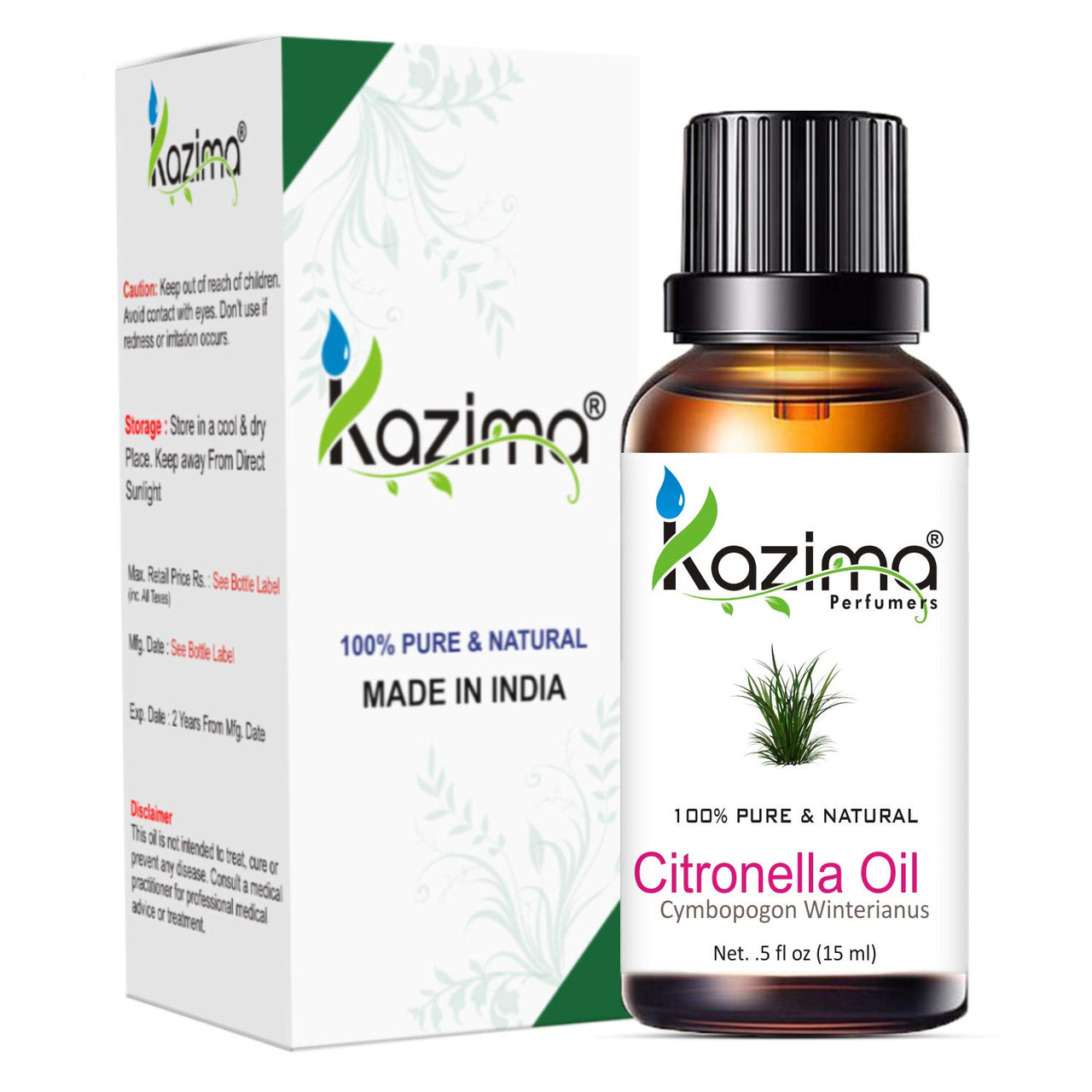 KAZIMA Combo of Citronella Oil & Lemongrass Essential Oil for use in Mosquito Repellent, Hair Growth, Acne, Aromatherapy, 15 ml each