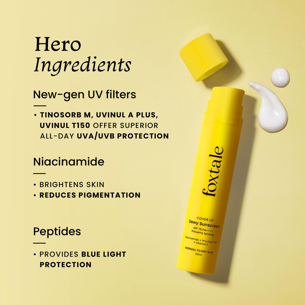 Foxtale SPF 70 Niacinamide Dewy Sunscreen with PA++++ For Dewy Sun Protection | Prevents Tan | Lightenweight, Non Greasy, No White Cast | Anti-Tan Formula | For Men & Women | 50 Ml