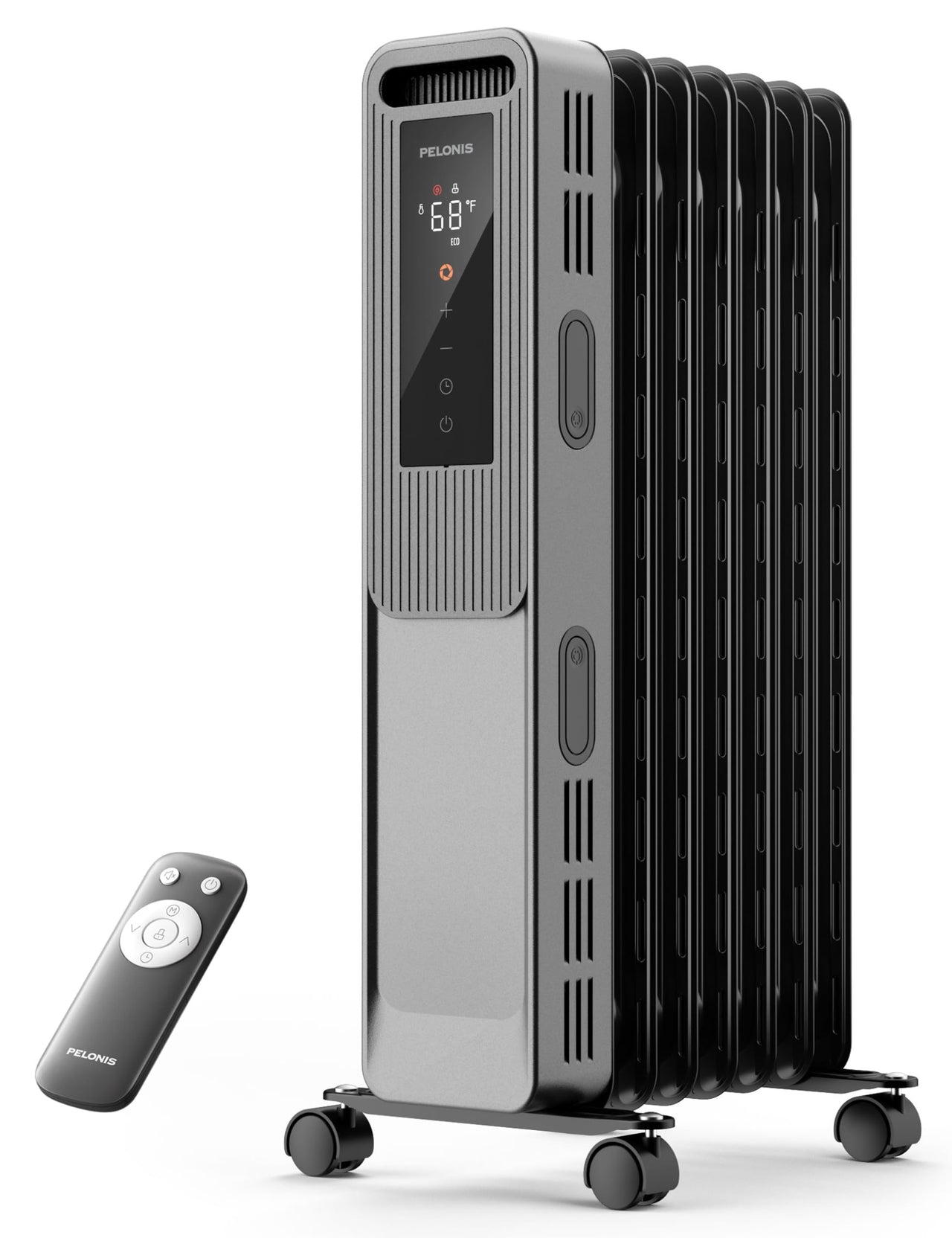 PELONIS Oil Filled Radiator, Electric Space Heater for Indoor Use Large Room with Thermostat & Remote, 3 Modes & 3 Heat Settings, ECO Mode, 24H Timer, Quiet, Overheat & Tip-Over Protection, 1500W Premium with LED Display Black