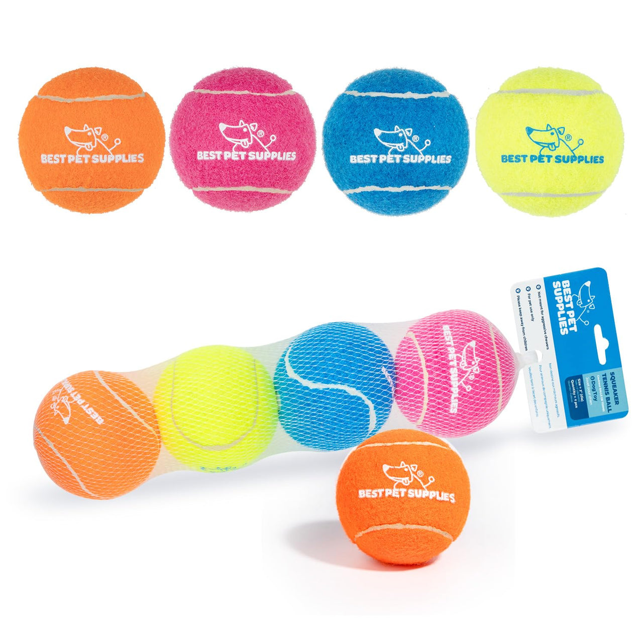 Best Pet Supplies Squeaky Tennis Balls for Dogs, 4-Pack, Heavy-Duty Interactive Pet Toys for Throwing and Fetching, Supports Exercise and Natural Behavior Training, Durable - Large