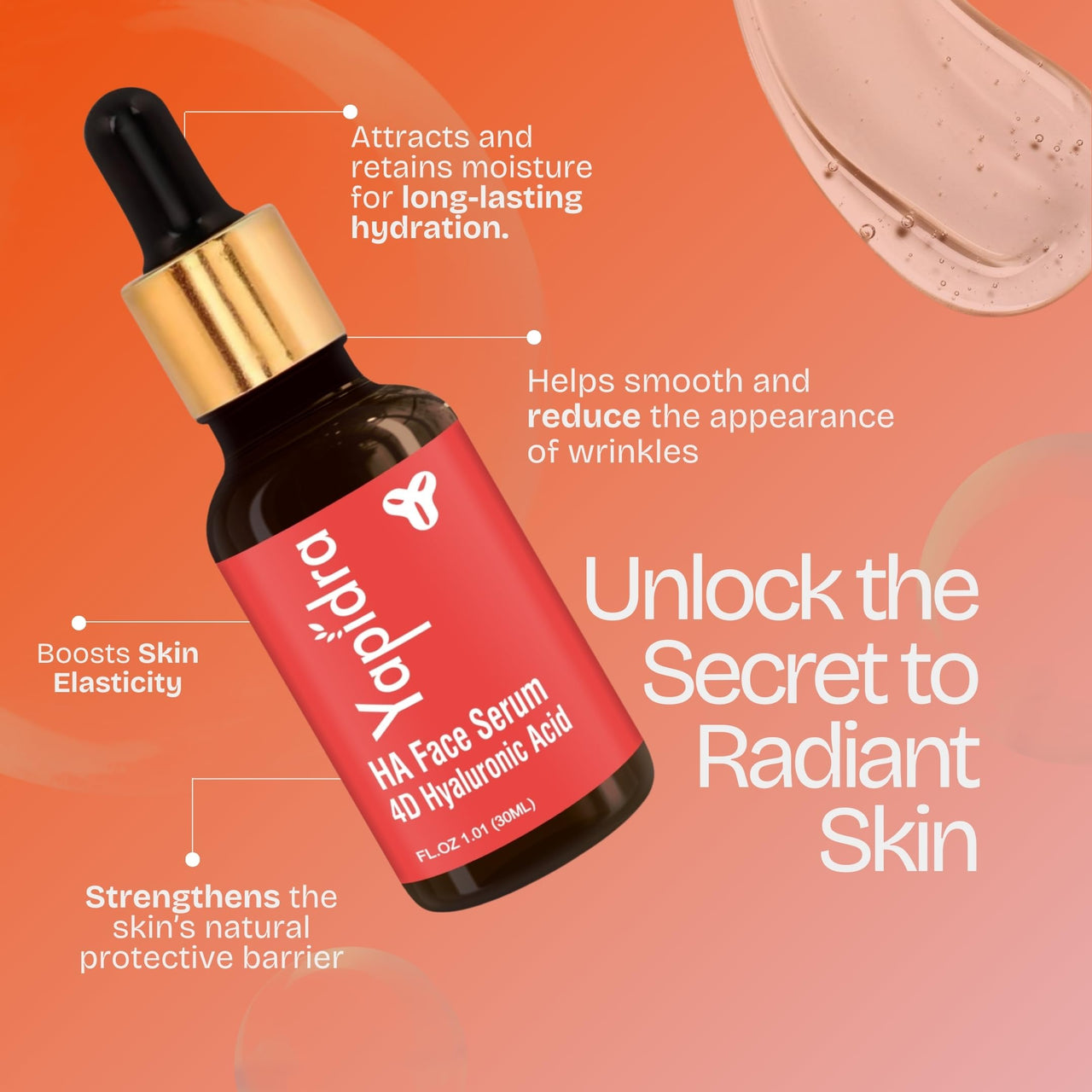 Yapidra HA Face Serum for Glowing, Hydrated & Youthful Skin | 4D Hyaluronic Acid + Polyglutamic Acid + Glyceril Glucoside | Anti-Aging, Brightening, Plumping | All Skin Types | 30ml | Day & Night Use