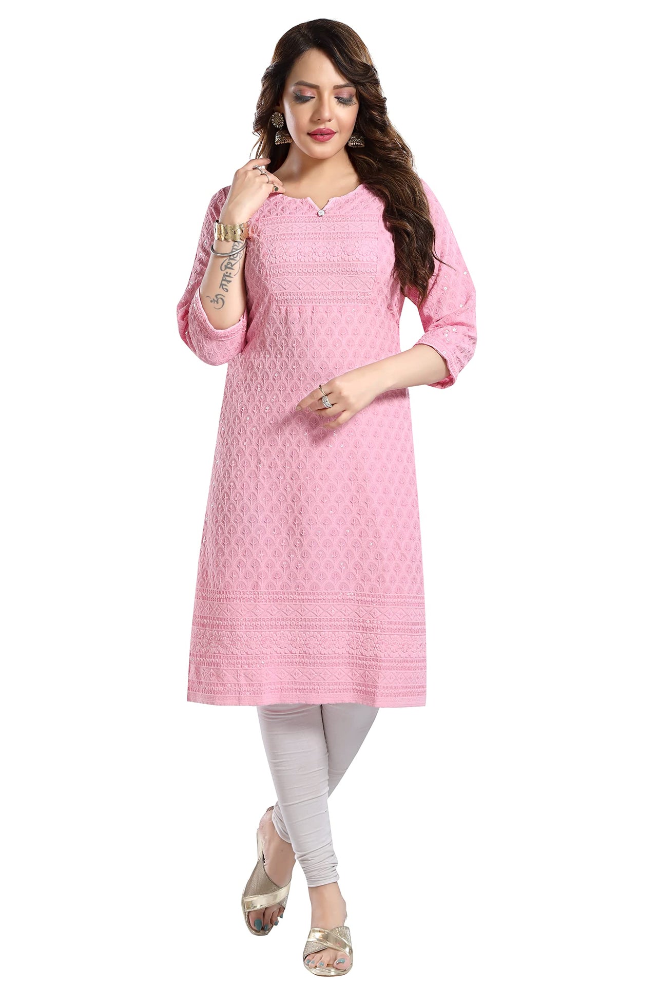 QUEEN SHIELD Women's  Knee Length Rayon Chikan-Kari KurtaKurti (QS_6631)