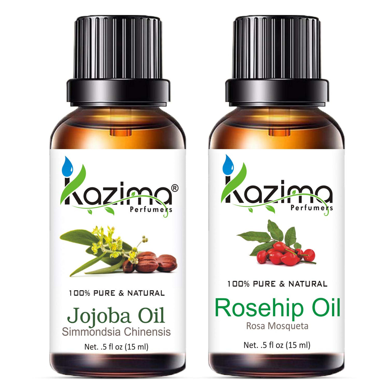 KAZIMA Combo of Jojoba Oil and Rosehip Oil - 100% Pure & Undiluted Oil for Acne, Wrinkles, Skin Moisturizing & Hair Growth, 15 ml each
