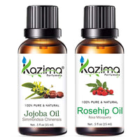 KAZIMA Combo of Jojoba Oil and Rosehip Oil - 100% Pure & Undiluted Oil for Acne, Wrinkles, Skin Moisturizing & Hair Growth, 15 ml each