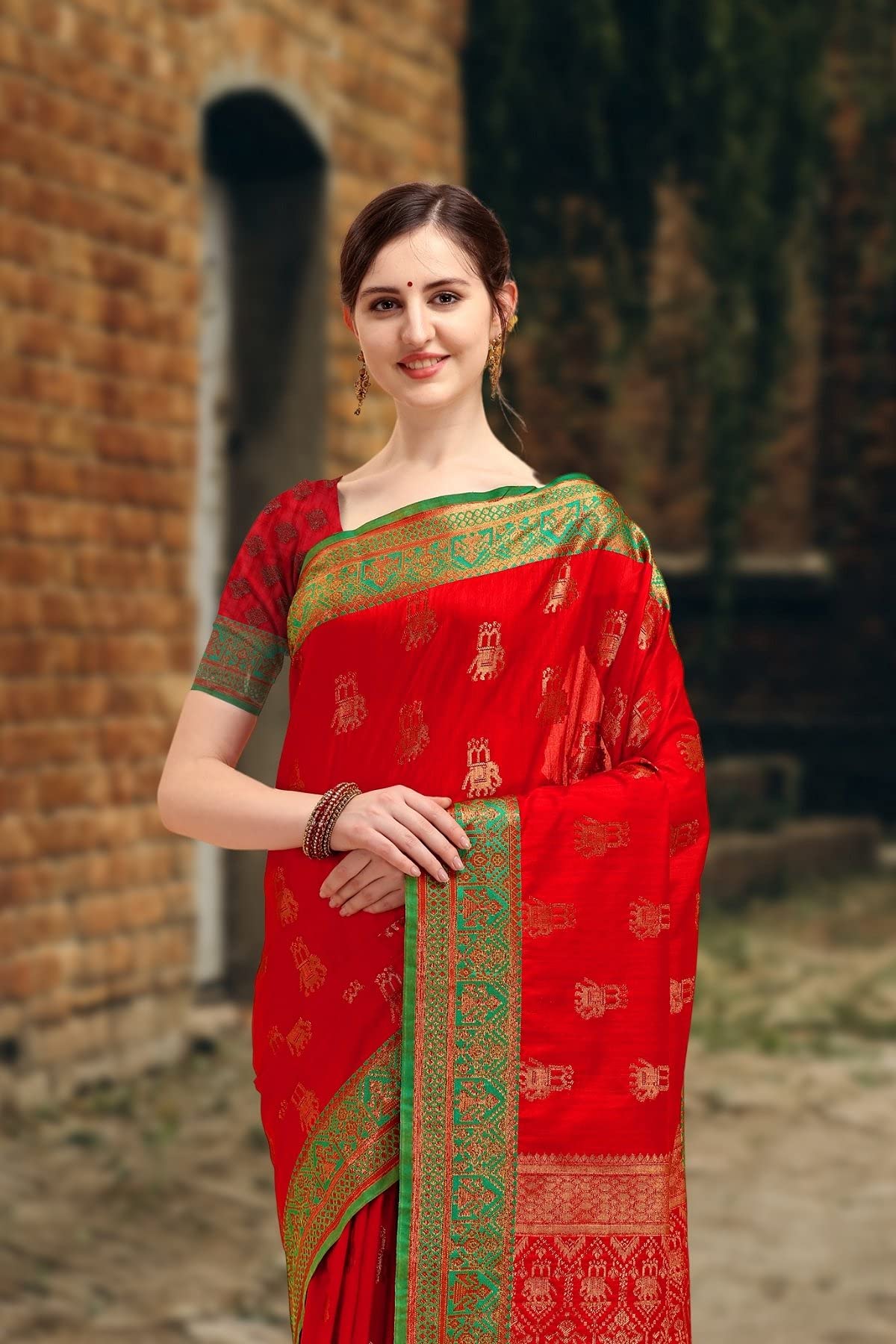 NK Textiles Women's  Elephant Motifs Woven Kanjivaram Ghicha Tussar Silk Saree with Fancy Tassels