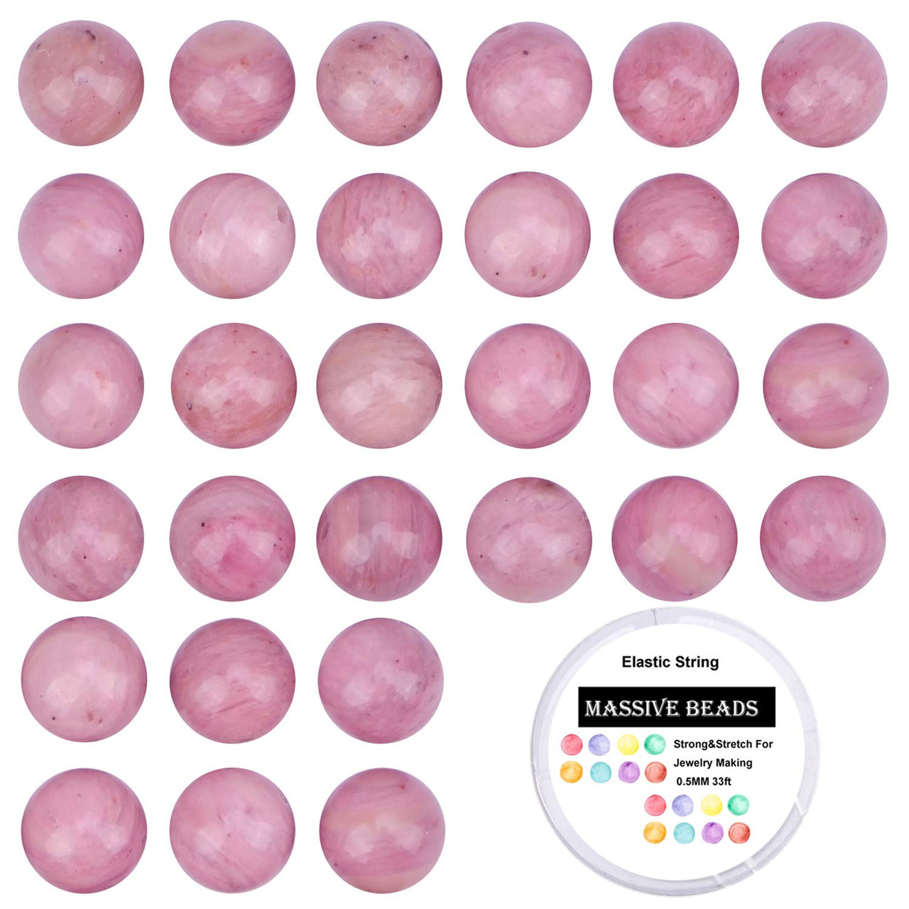 100Pcs Natural Crystal Beads Stone Gemstone Round Loose Energy Healing Beads with Free Crystal Stretch Cord for Jewelry Making (Rhodochrosite, 8MM) Rhodochrosite