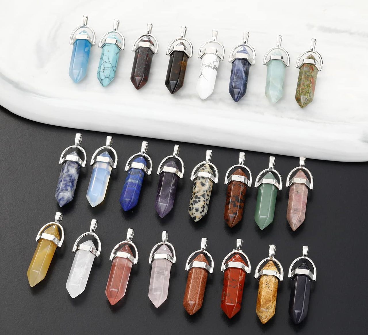 Lezam 24 Pcs Healing Chakra Crystal Pendant Hexagonal Pointed Natural Stone Bullet Shaped Pendant Gemstone Quartz Charm Pendants for Necklace Jewelry Making(24) 24-B