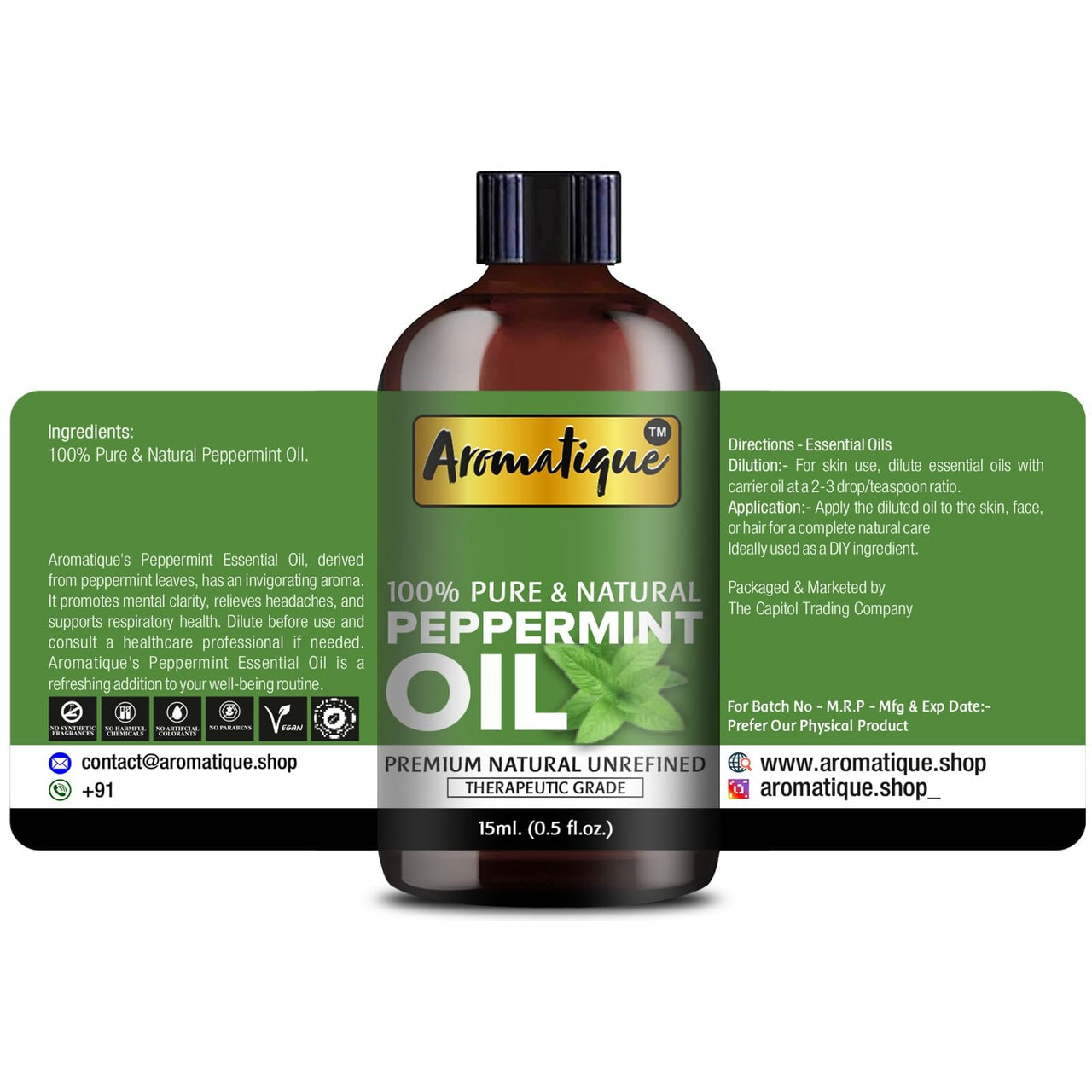 Aromatique Peppermint Essential Oil for Hair,Skin. 100% Pure and Natural Therapeutic Grade (15ml)