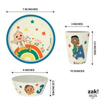 Zak Designs CoComelon Kids Dinnerware Set 3 Pieces, Durable and Sustainable Melamine Bamboo Plate, Bowl, and Tumbler are Perfect For Dinner Time With Family (JJ, Cody, Nina)