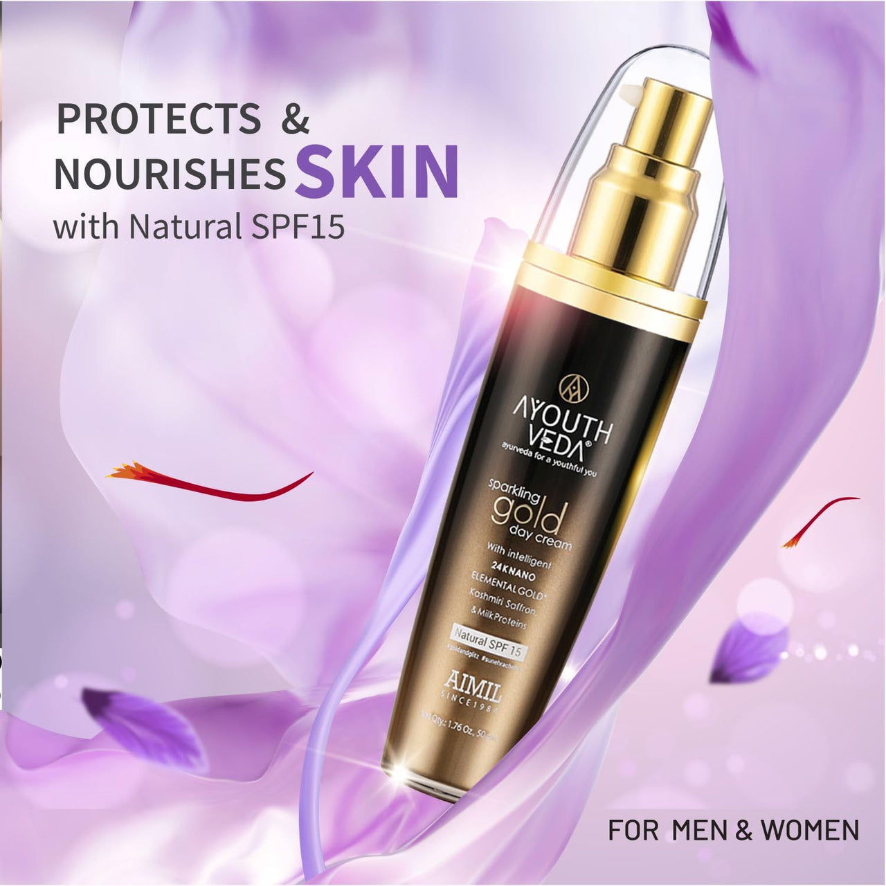 Ayouthveda Sparkling 24K Nano Elemental Gold Day Cream With Natural SPF 15|Provides Golden Glow & Improves Skin Firmness| Blend of Kashmiri Saffron & Milk Cream For All day Use(Pack Of 1-50g)