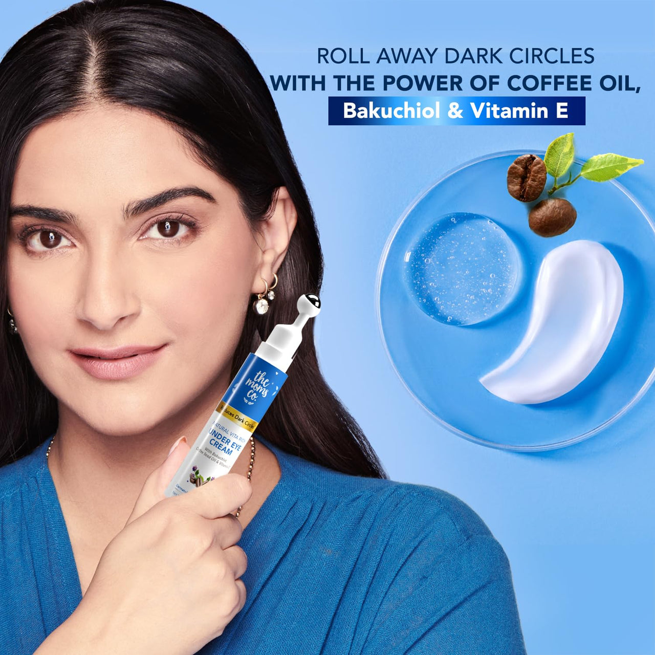 The Moms Co. Natural Vita Rich Under Eye Cream for Dark Circles for Women & Men enriched with Chia Seed Oil, Coffee Oil, Vitamines E & B3 with Cooling Massage Roller to Reduce Dark Circles, Puffiness and Fine Lines (15g/0.5 oz)