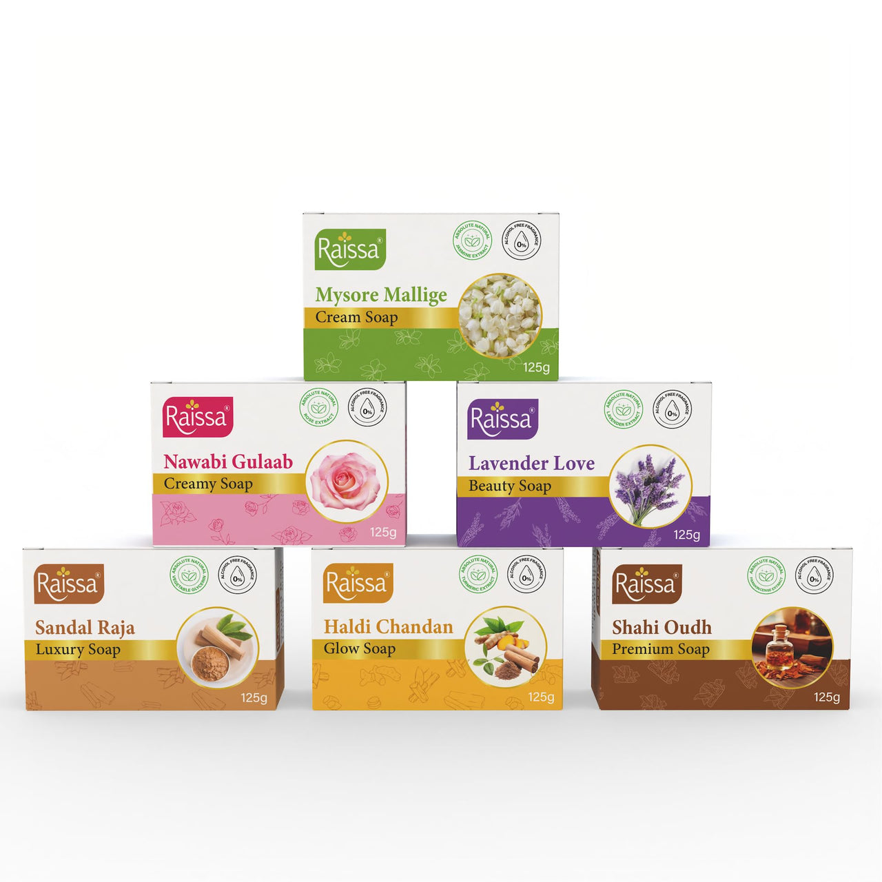 Raissa Bath Soap 125g, (Pack of 3) Haldi Chandan, Shahi Oudh and Sandal Raja | Alcohol-Free Fragrance | No Harsh Chemicals - Sandal, Turmeric and Frankinsense Fragrance Soaps