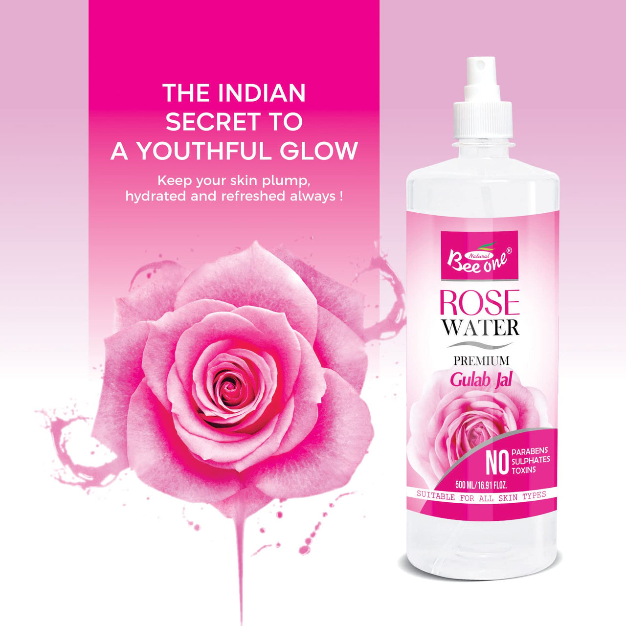 BEE ONE ROSE WATER 500 ML for Hydrated, Glowing Skin Premium Toner & Cleanser for Soft All Skin Types