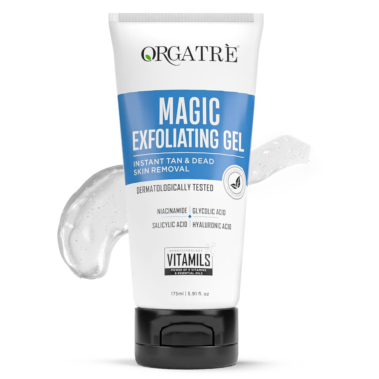 ORGATRE Magic Exfoliating Scrub Gel | Instant Tan & Dead Skin Removal for Face & Body | Dermatologically Tested with Niacinamide 0.001%, Glycolic Acid 0.10%, Salicylic Acid 0.01% & Hyaluronic Acid | 175ml Tan Removal Cream & Detan Gel