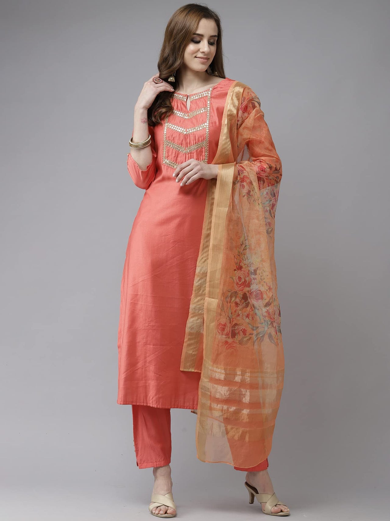 INDO ERA Women's  Cream Solid Viscose Straight Kurta Trouser With Dupatta Set