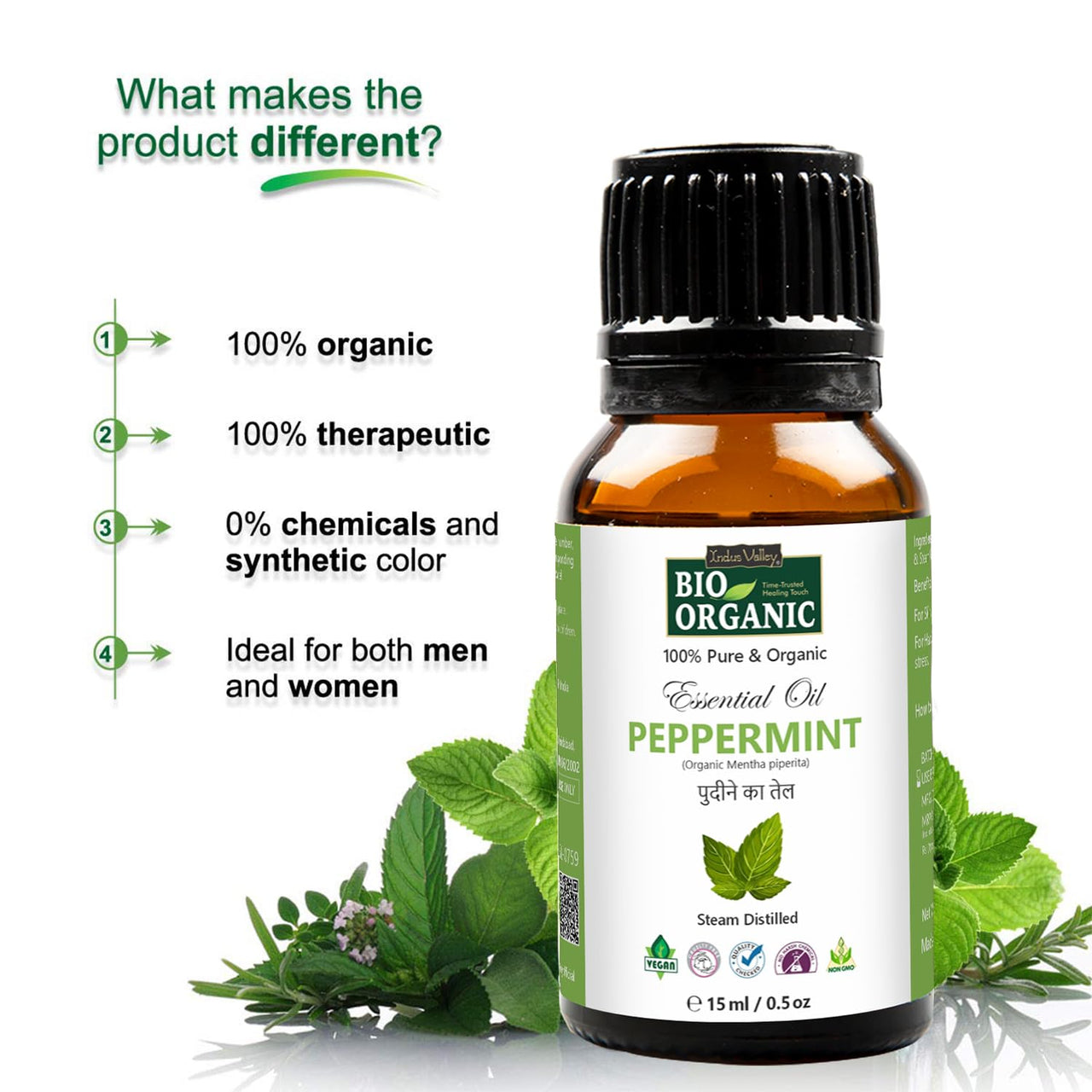 Indus Valley 100% Pure Natural & Organic, Undiluted Peppermint Essential Oil with Glass Dropper for Skin, Hair Care -15ml