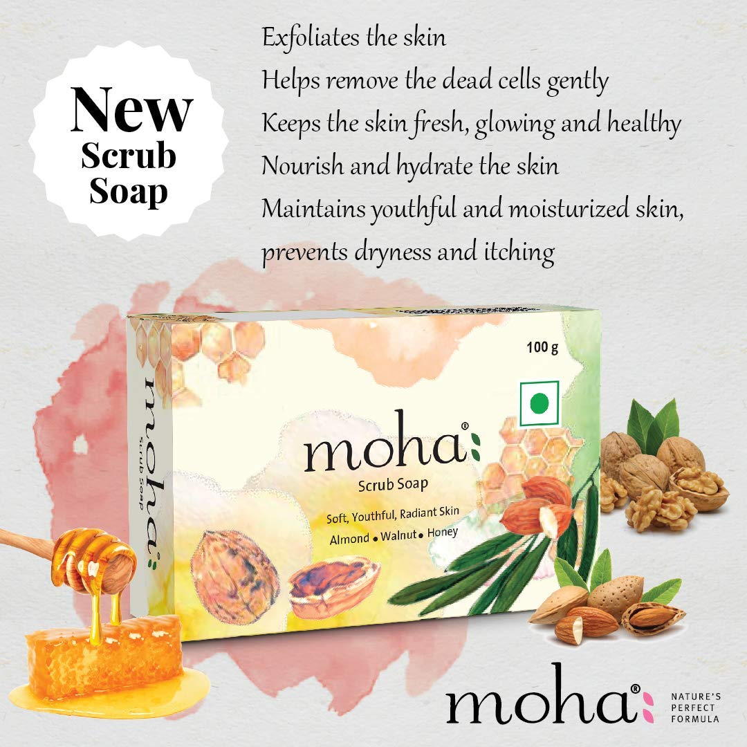 moha: Scrub Soap For Soft, Hydrate & Nourished Skin, Face With Walnut, Almond Oil & Honey Unisex Bathing Bar - 100gm (Pack of 3)
