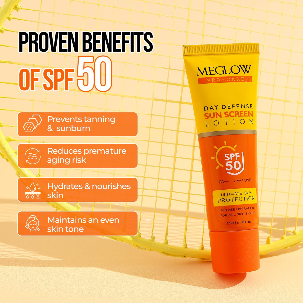 Meglow SPF 50 Lotion | Broad-Spectrum Protection & Hydration | Shields Against UVA & UVB | Non-Greasy, No White Cast | Water & Sweat Resistant for Long-Lasting Defense Pack of 2 (50ml each)