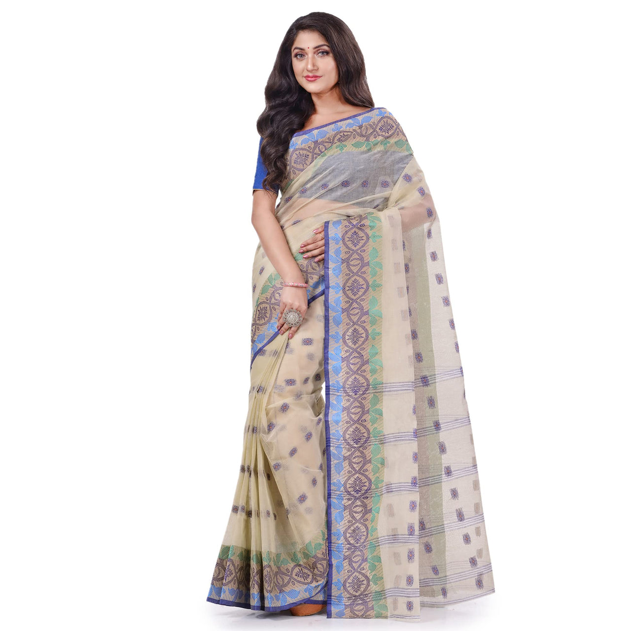 dB DESH BIDESH Women`s Traditional Bengal Tant Tri Leaf Woven Design Pure Handloom Cotton Saree Without Blouse Piece