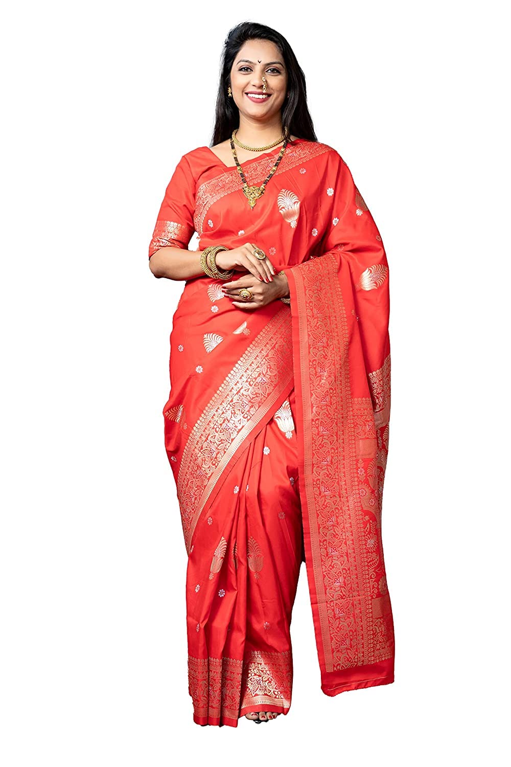 SGF11- Women's  Kanjivaram Pure Soft Silk Handloom Saree Pure Golden Zari With Blouse Piece