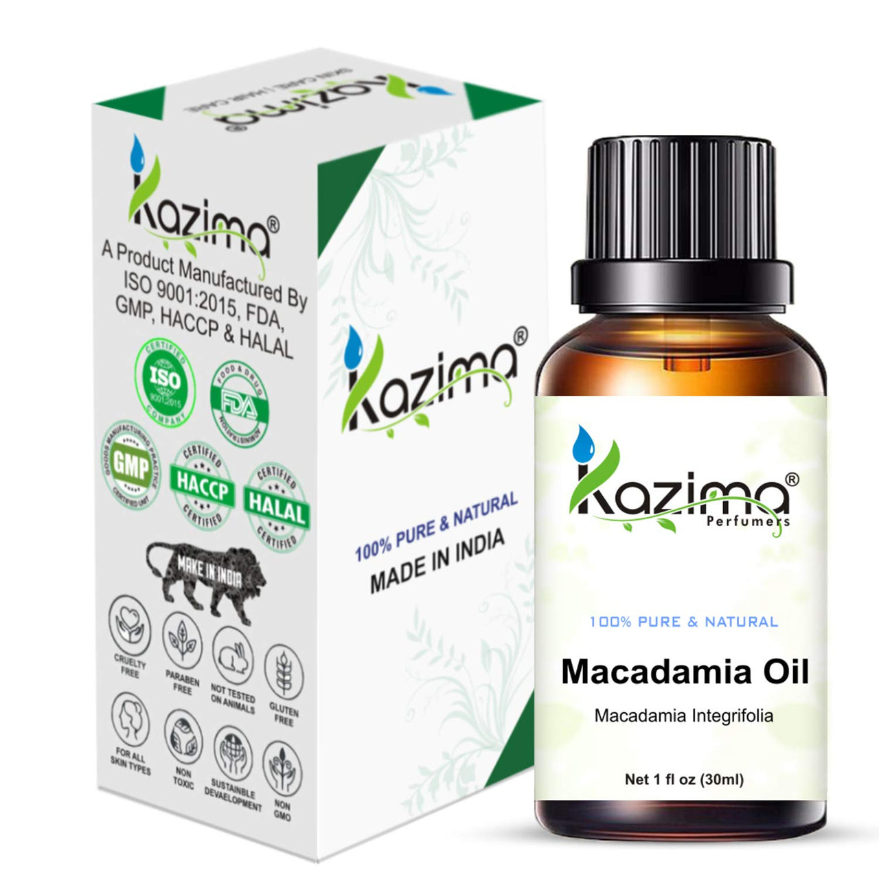 KAZIMA Macadamia Cold Pressed Carrier Oil - 100% Pure Natural & Undiluted For Skin care & Hair (30ml)