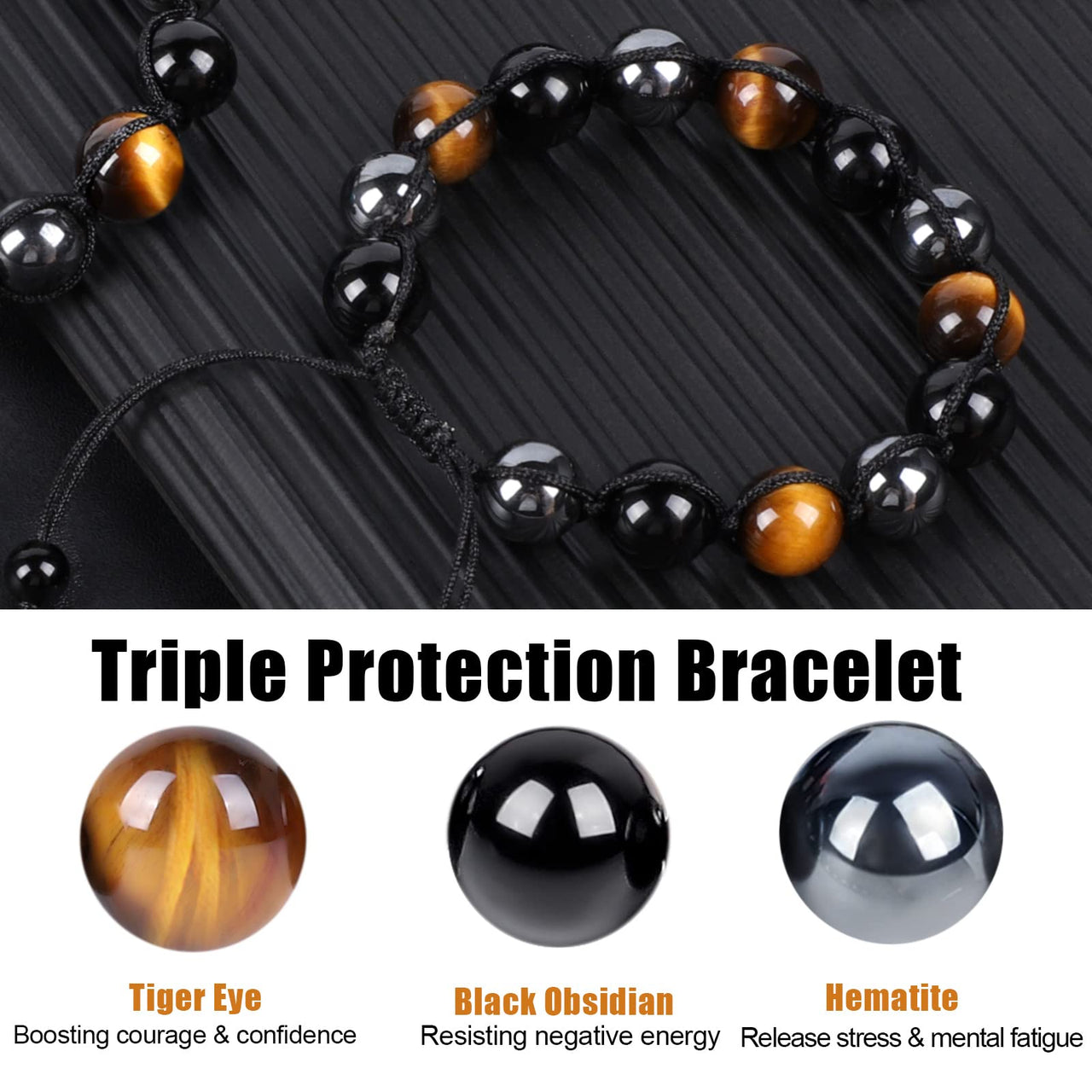 Tiger Eye Triple Protection Bracelet, Hematite Black Obsidian Tiger Eye Bracelet for Men Women Stone 10mm Bead Crystal Healing Bracelet, Anti-anxiety Bracelet B-Yellow Tiger Eye
