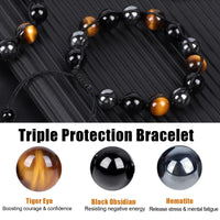 Tiger Eye Triple Protection Bracelet, Hematite Black Obsidian Tiger Eye Bracelet for Men Women Stone 10mm Bead Crystal Healing Bracelet, Anti-anxiety Bracelet B-Yellow Tiger Eye