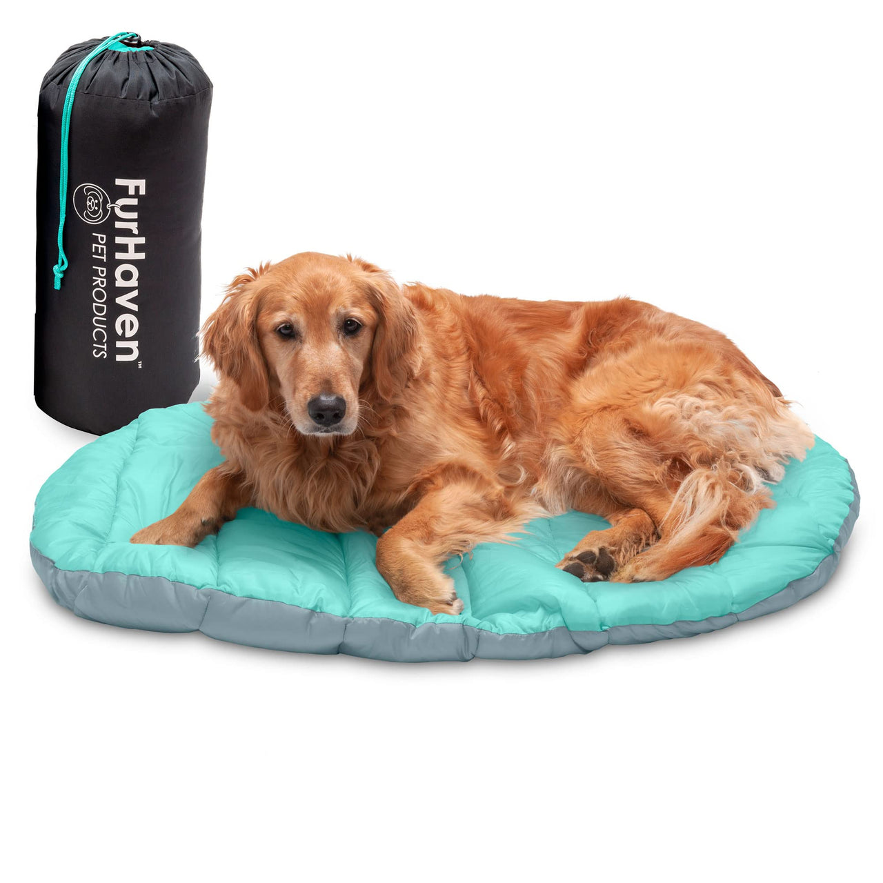 Furhaven Outdoor Travel Dog Bed for Large/Medium Dogs w/ Carry Bag, Washable & Foldable, Great for Crates & Kennels - Trail Pup Travel Pillow Mat w/ Stuff Sack Bag - Aqua/Granite Gray, Large