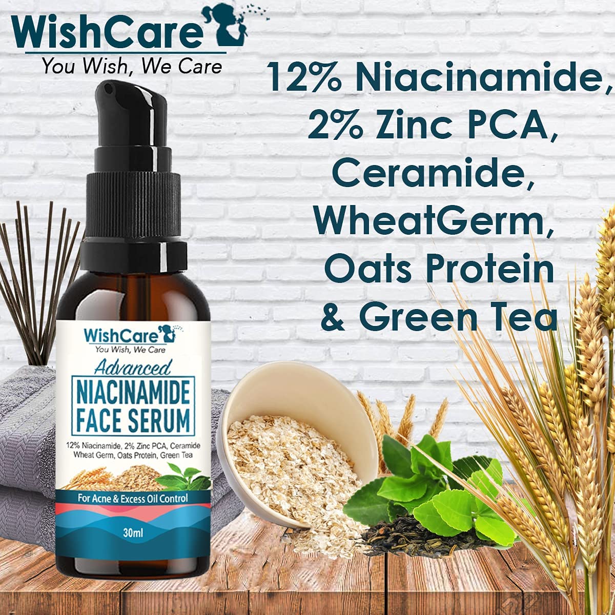 WishCare Advanced 12% Niacinamide Serum for Acne, Acne Marks, Blemishes & Oil Balancing with 2% Zinc, Ceramide Oats, Green Tea - 30ml, Natural (WCNS30)