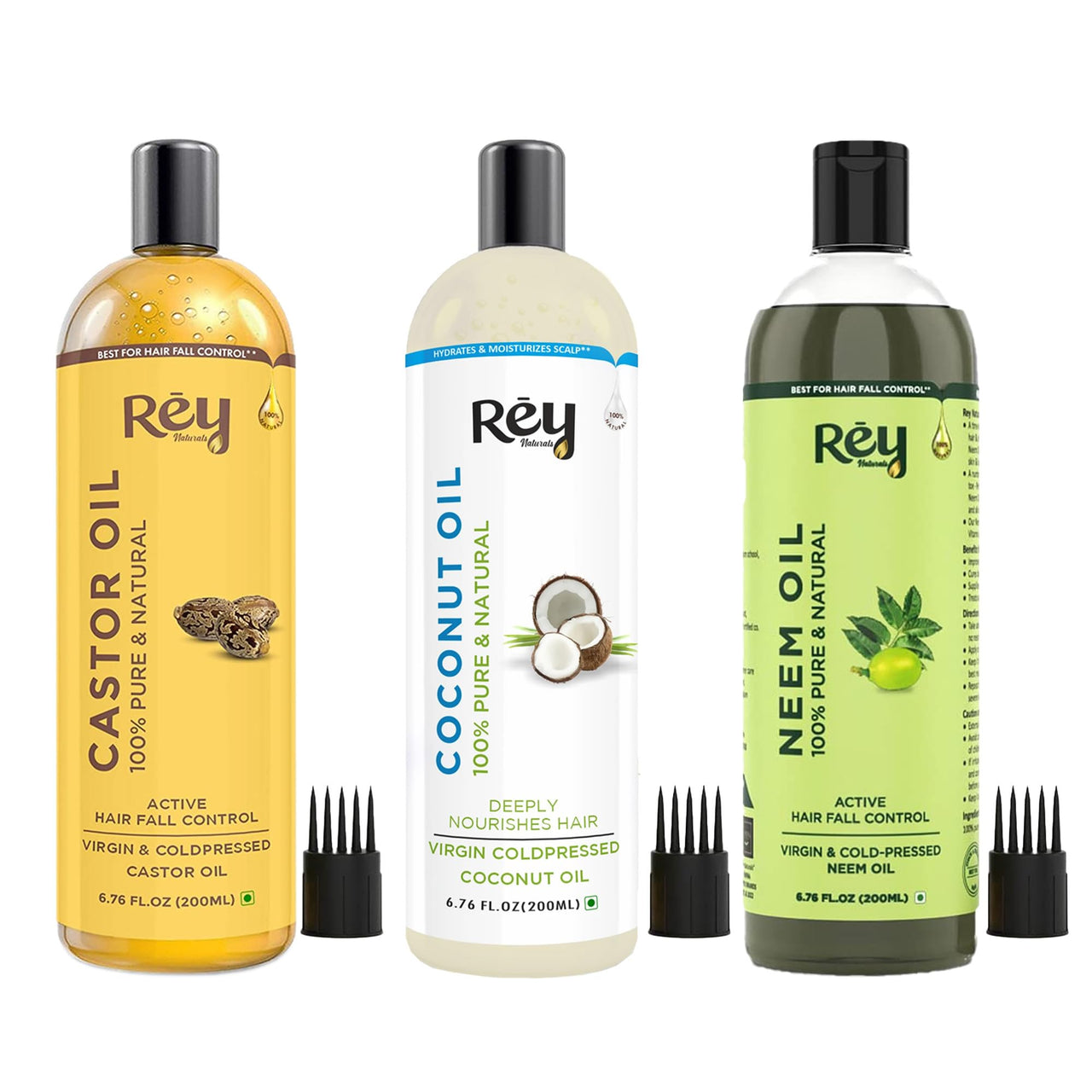 Rey Naturals Neem Oil, Coconut Oil & Castor Oil For Hair Growth, Soothing Scalp, Dandruff & Hairfall Control (Nariyal Oil), Cold Pressed Oil For Hair & Skin Care -200ml*2 | Virgin Unrefined Herbal Oil