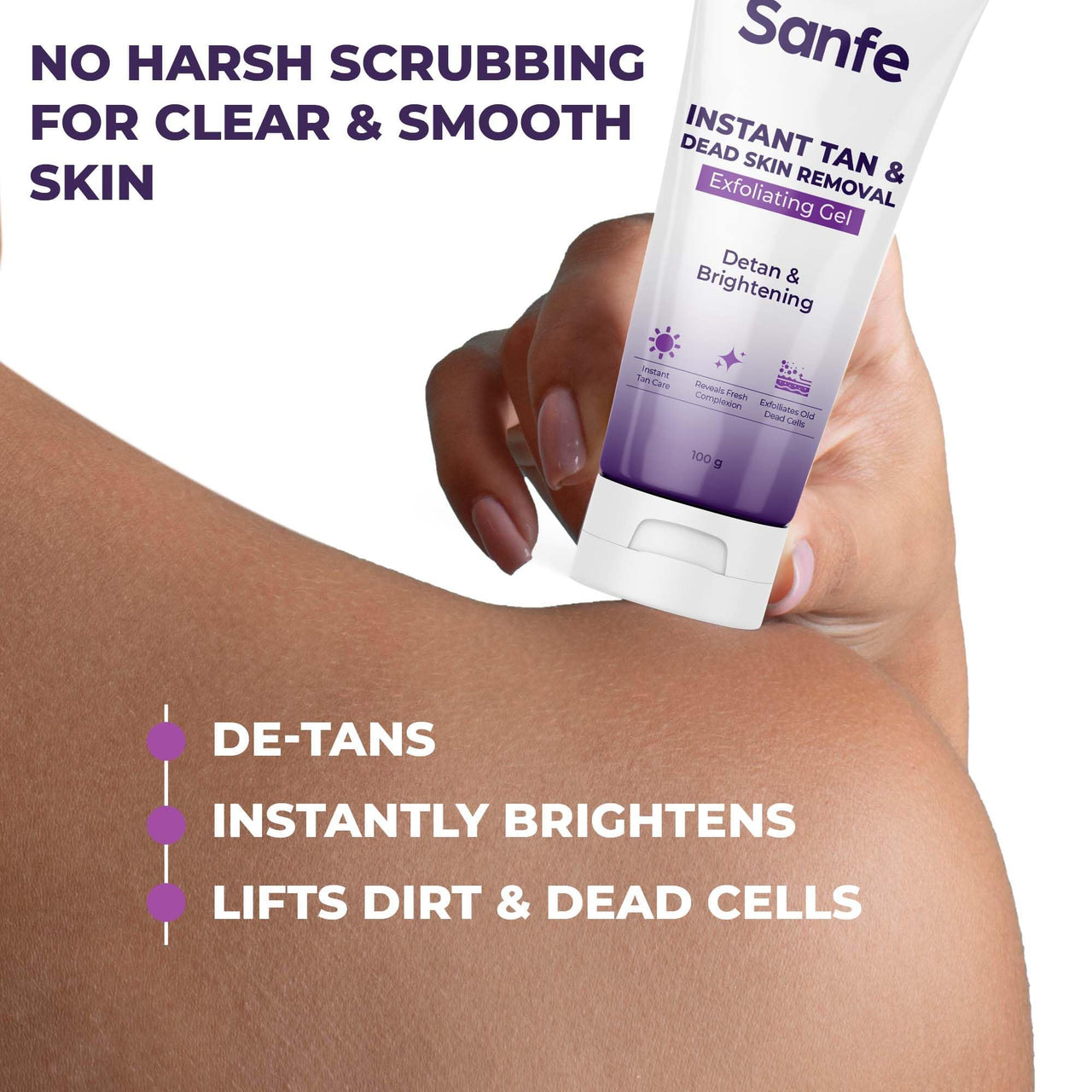 Sanfe Instant Tan & Dead Skin Removal Exfoliating Gel | Visibly Removes Tan | AHA Exfoliation in Minutes | Smooth & Bright Skin | 100g