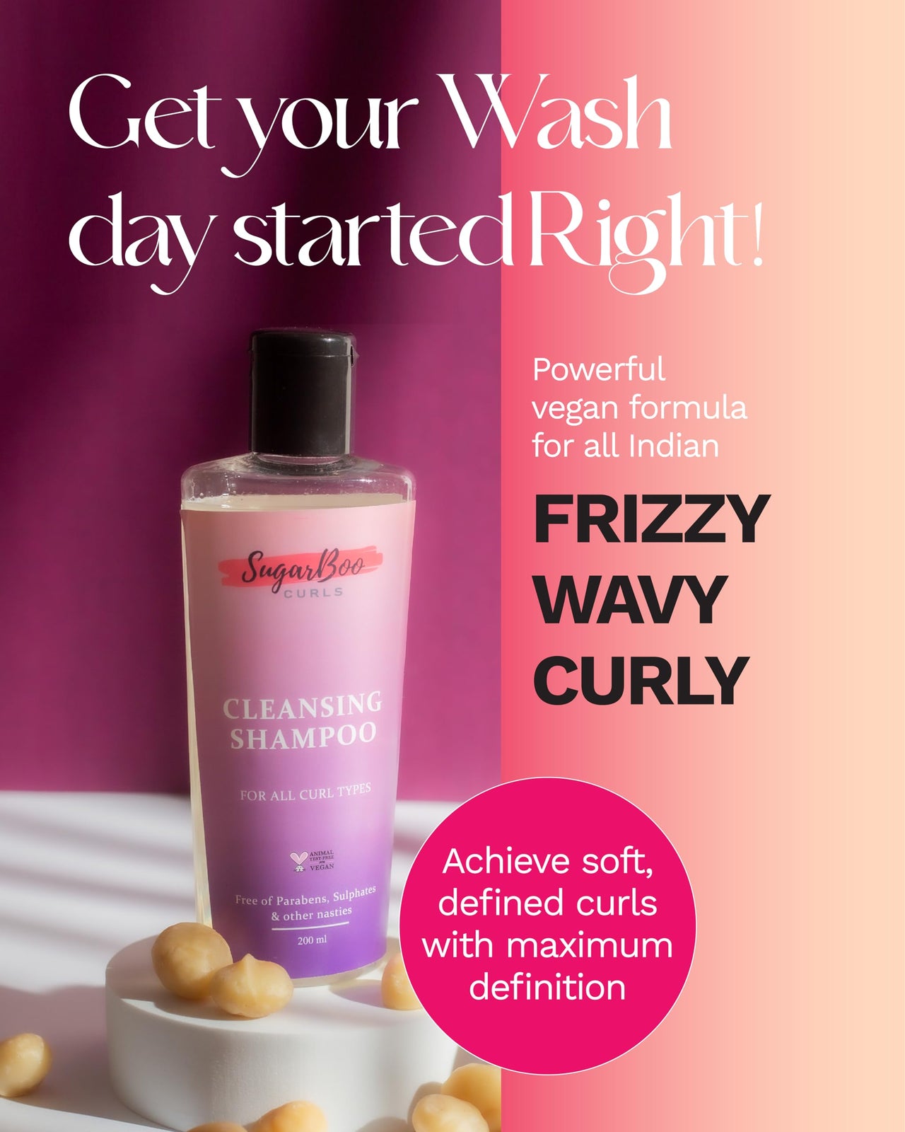 SugarBoo Curls Cleansing Shampoo (100ml) for Dry, Frizzy, Wavy, Curly Hair. Vegan & CG Friendly. No Parabens, Sulphates & Other Nasties