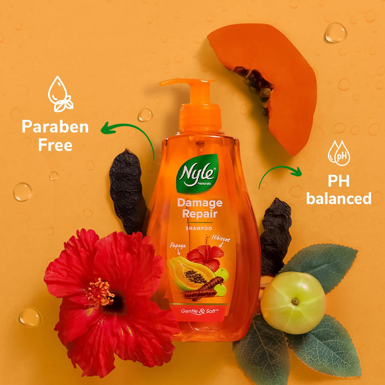 Nyle Naturals Damage Repair Shampoo 400 ml | Hair Repairing Shampoo with Papaya, Hibiscus, & Shikakai | pH Balanced & Paraben Free Gentle & Soft Shampoo For Women & Men