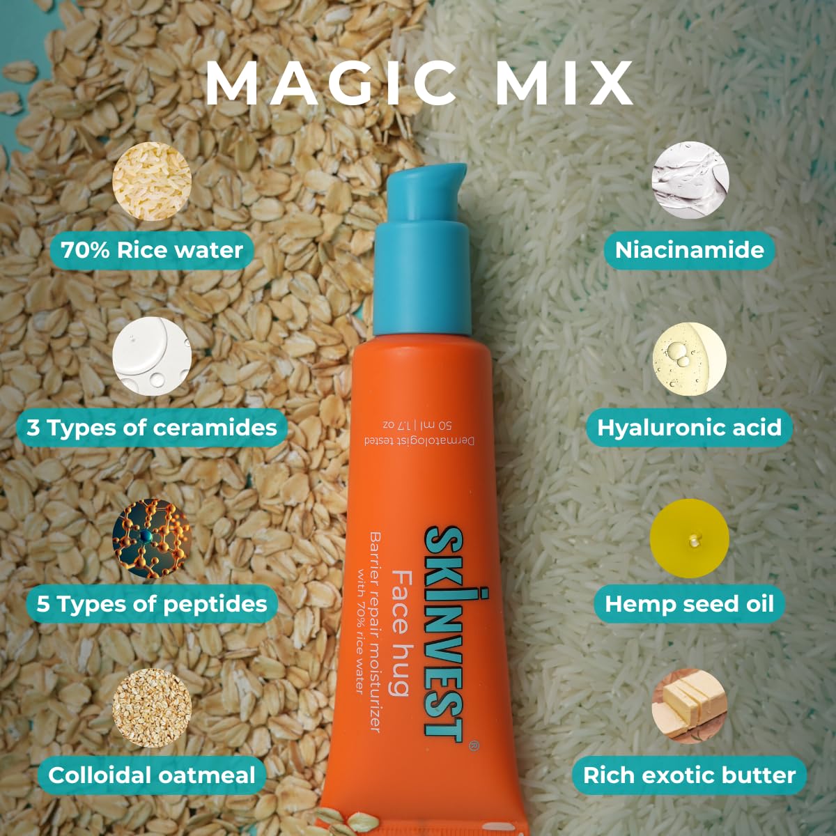 Skinvest Face Hug Barrier Repair Moisturizer with 70% Rice Water | Deep Hydration, Skin Barrier Repair & Brightening | Ceramides, Peptides & Niacinamide | Overnight Sleeping Mask | Lightweight | 50ml